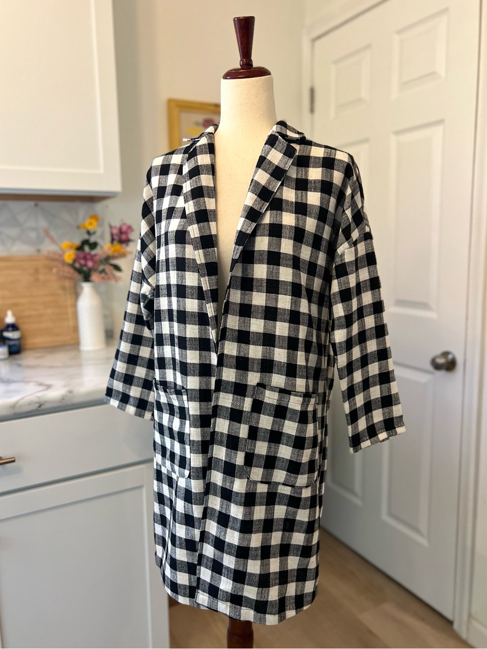 Hemp Blend Gingham Print Open Front Long Length Collared Casual Cardigan Jacket